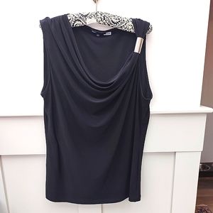 Black Contemporary Asymmetrical Sleeveless Drape Top Women'…